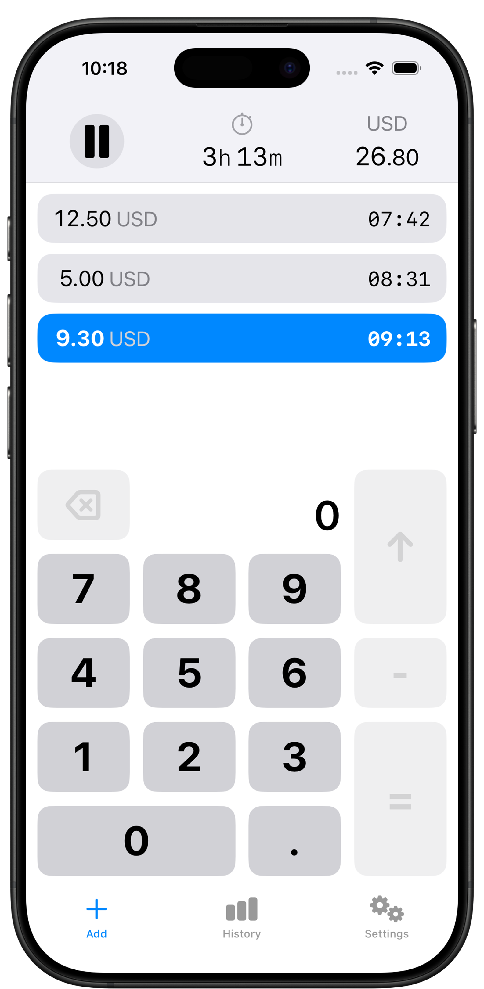 TipShark on an iPhone: a shift in progress shows the running tip total at the top, a list of logged tips with timestamps, and a numeric keypad ready for the next tip.